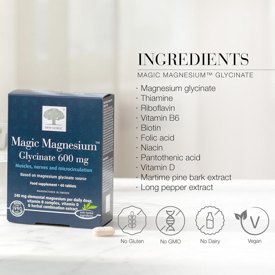 New Nordic Magnesium Glycinate, 600 mg Extra Strength, Sleep & Muscle Support for Women & Men, Pine Bark & Long Pepper Extract, 60 Tablets (Pack of 1)