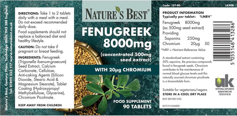 Fenugreek 8000mg, Added Chromium to Support Blood Glucose Levels | 500mg Seed Extract, and 250mg of Active saponins | High Strength | 90 Vegan Tablets, 2 a Day | UK Made