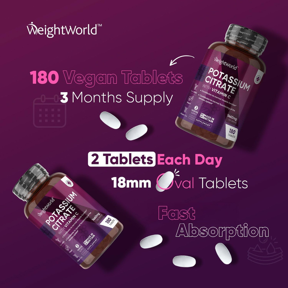 Potassium Supplement High Strength 1460mg with Vitamin C - Electrolytes Tablets - 3 Months Supply - 180 Vegan Potassium Tablets for Muscle Function - Natural Electrolytes Support - Superior Absorption