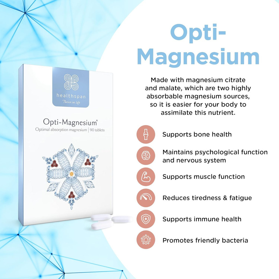 Healthspan Opti-Magnesium | 90 Tablets | for Bone & Muscle Support | Maintains Psychological Function and Nervous System | Easily Absorbed | Added Vitamin D3 | Inulin | Vegetarian