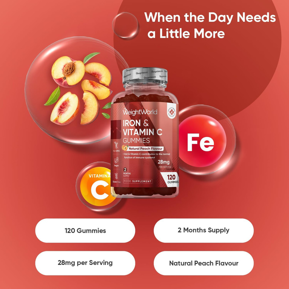 Iron Gummies - 28mg per Serving - 120 Gummies - with Vitamin C - 2 Months Supply - Natural Peach Flavour - 2 Gummies a Day - Ferrous Fumarate Form - Vegan & Gluten-Free