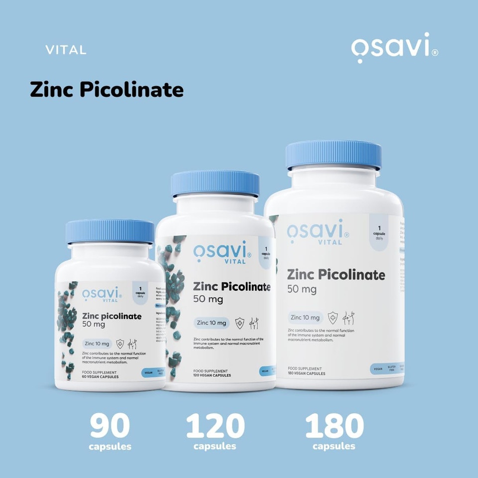 Osavi Zinc Picolinate 50mg - 180 Vegan Capsules | Highly Absorbable Zinc for Immune Support, Cognitive Function, Metabolism, and Healthy Skin | 100% Daily Requirement in One Capsule