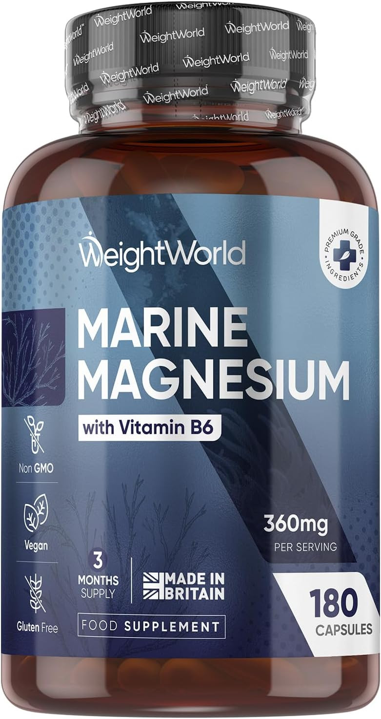 Weightworld Marine Magnesium with Vitamin B6 | 180 Vegan Capsules | 360mg per Serving | 3 Months Supply | Gluten-Free, Non-GMO & GMP-Approved | Magnesium Supplements | Made in The UK