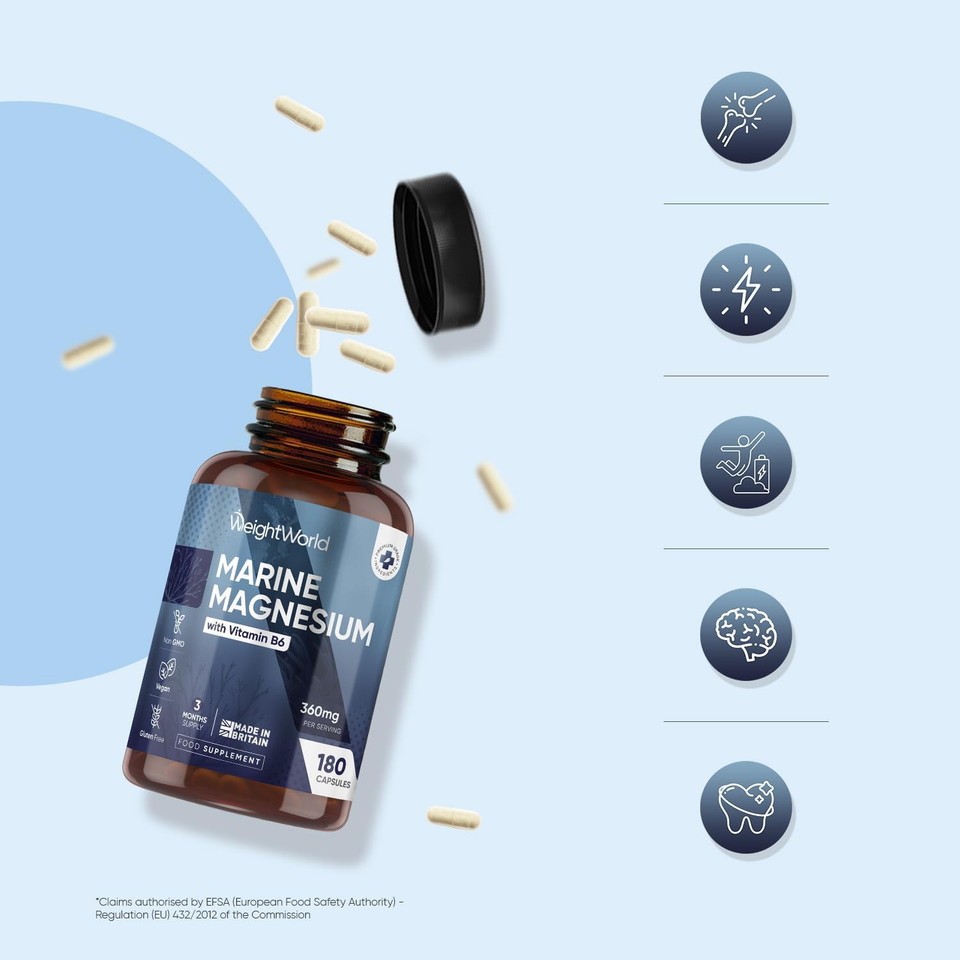 Weightworld Marine Magnesium with Vitamin B6 | 180 Vegan Capsules | 360mg per Serving | 3 Months Supply | Gluten-Free, Non-GMO & GMP-Approved | Magnesium Supplements | Made in The UK
