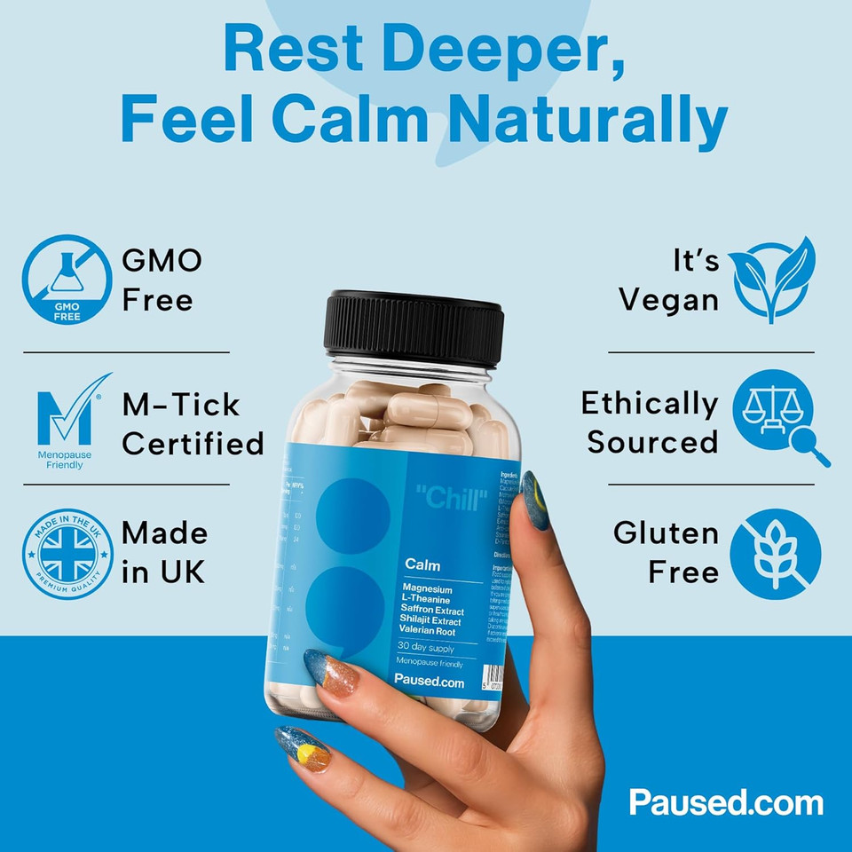 Paused Magnesium Glycinate Calm Supplement - 30 Day Supply | Menopause-Friendly Magnesium, L-Theanine, Saffron Extract & Shilajit Complex for Stress, Mind & Sleep Support | Vegan & Gluten-Free | UK