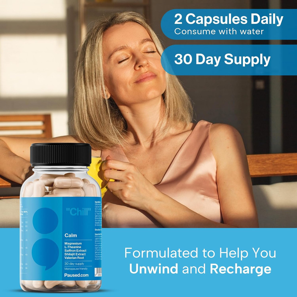 Paused Magnesium Glycinate Calm Supplement - 30 Day Supply | Menopause-Friendly Magnesium, L-Theanine, Saffron Extract & Shilajit Complex for Stress, Mind & Sleep Support | Vegan & Gluten-Free | UK
