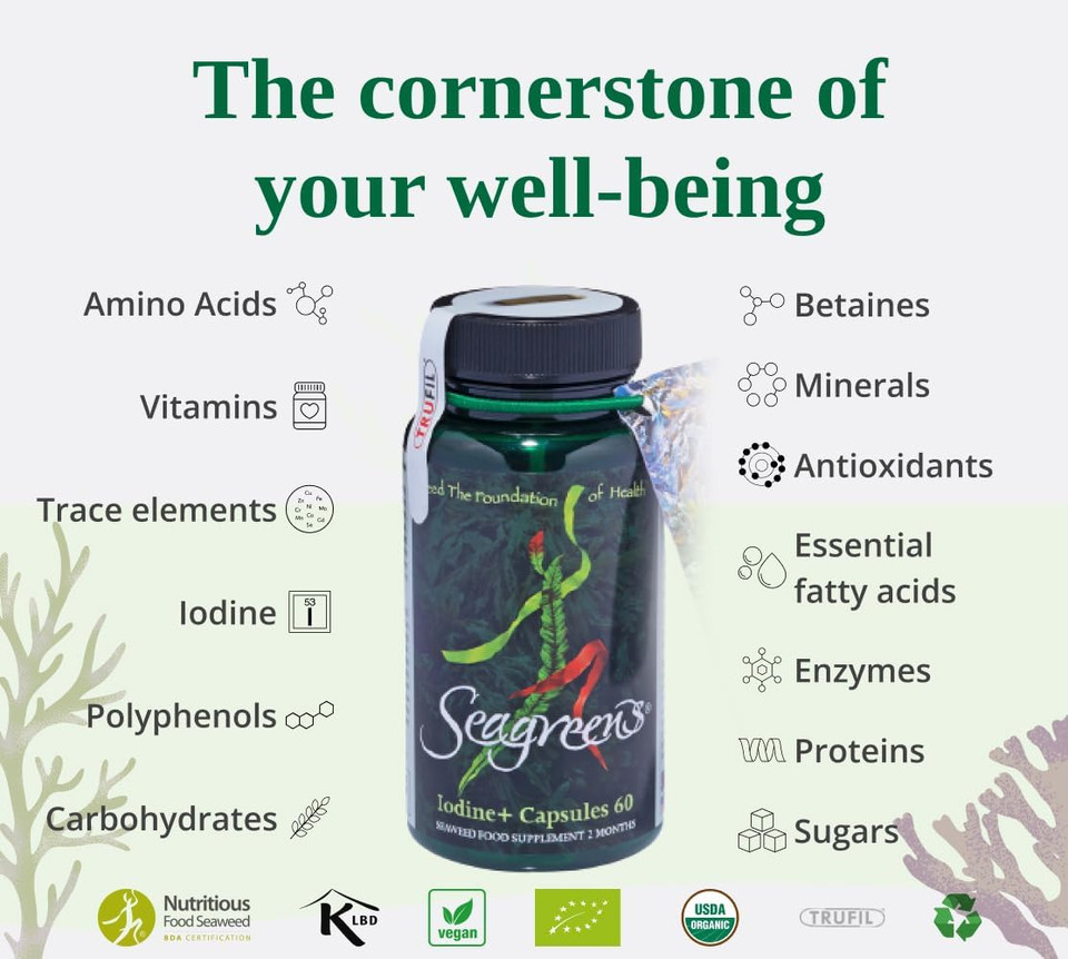 Seagreens Iodine+ Seaweed Supplement, 2 Month Supply, 390mcg Natural Iodine from Seaweed, Vegan, Plant-Based, Thyroid & Radiation Support, 60 Capsules