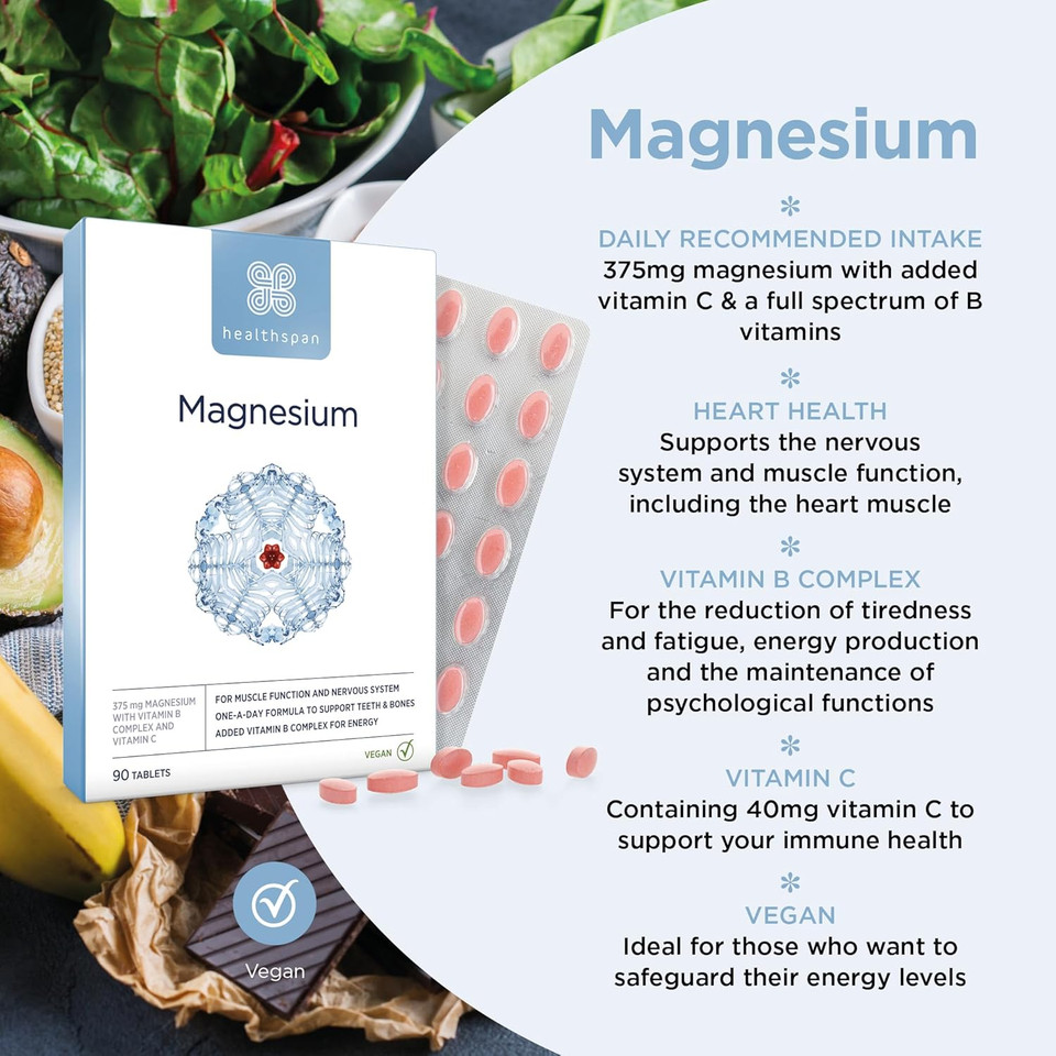 Healthspan Magnesium 375mg | Everyday Support for Muscles & Nervous System | Added B Vitamins Complex | Added Benefits for Your Bones, Teeth & Energy Levels | Vegan (180 Tablets)