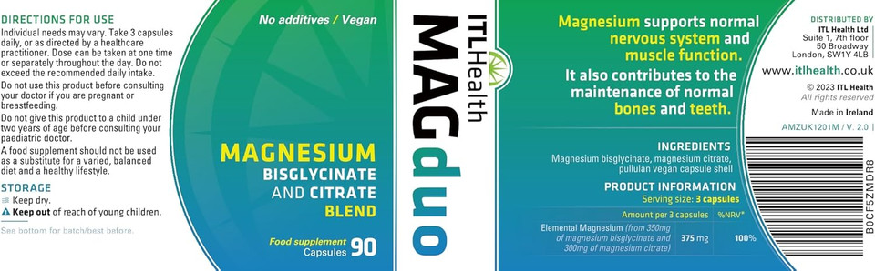 MAG365 ITL Health - MAG Duo Magnesium Bisglycinate & Citrate Blend, 90 Capsules, Promotes Stress Relief, Excellent Source of Magnesium, Overall Health Supplement