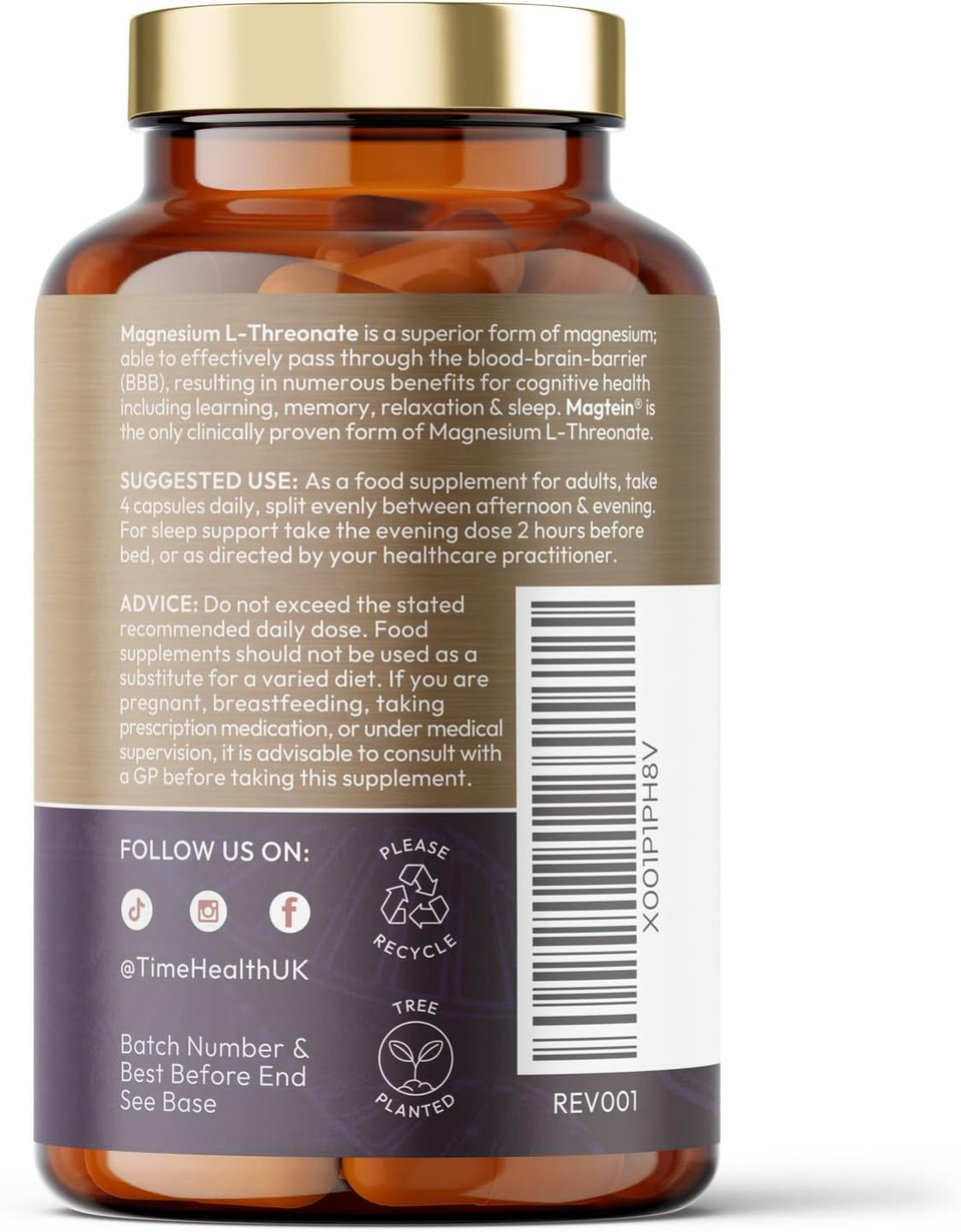 Magtein® Magnesium  120 Capsules  High Strength 2100mg  Pullulan Capsules  UK Made to GMP & HACCP Standards  Zero Additives