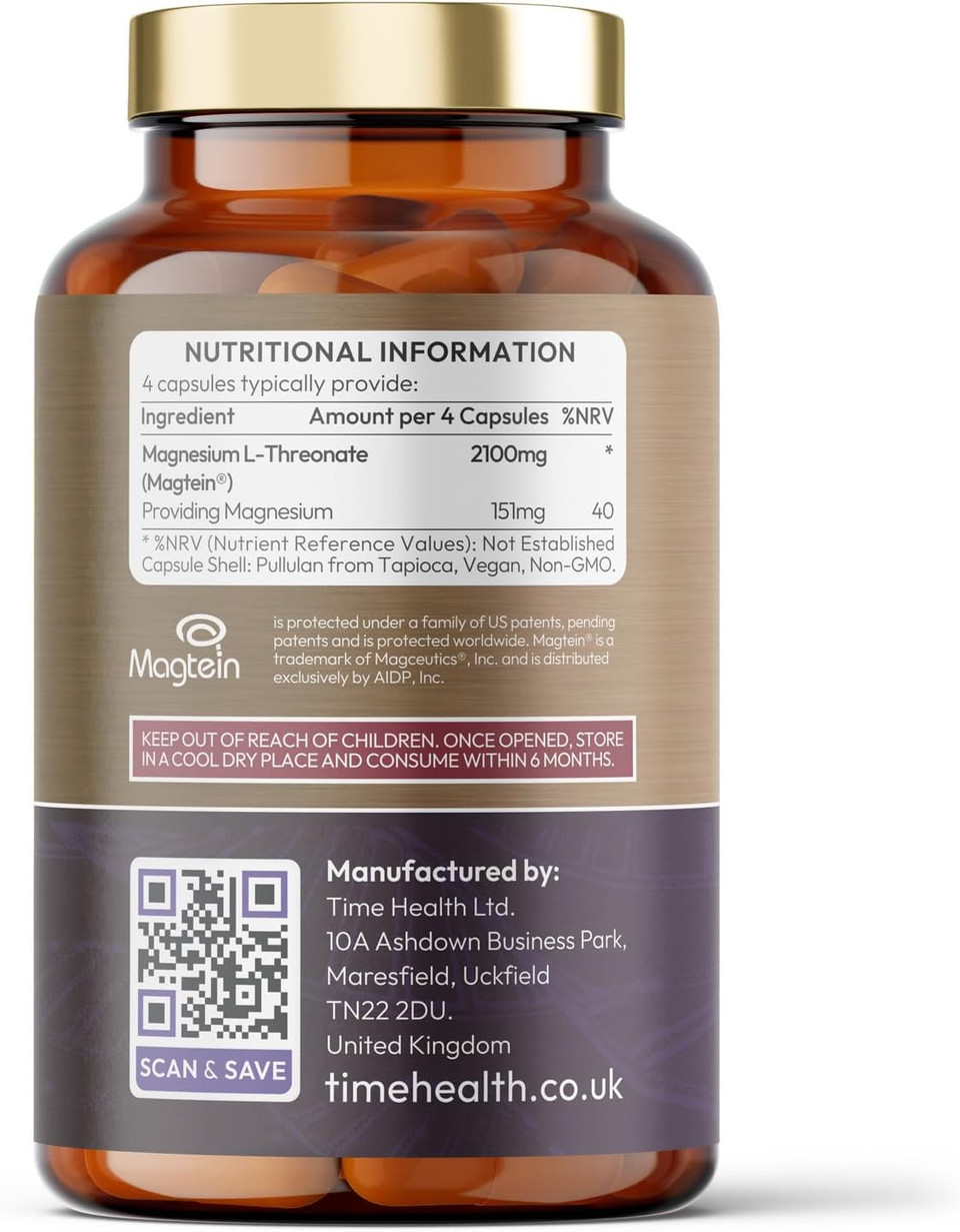 Magtein® Magnesium  120 Capsules  High Strength 2100mg  Pullulan Capsules  UK Made to GMP & HACCP Standards  Zero Additives