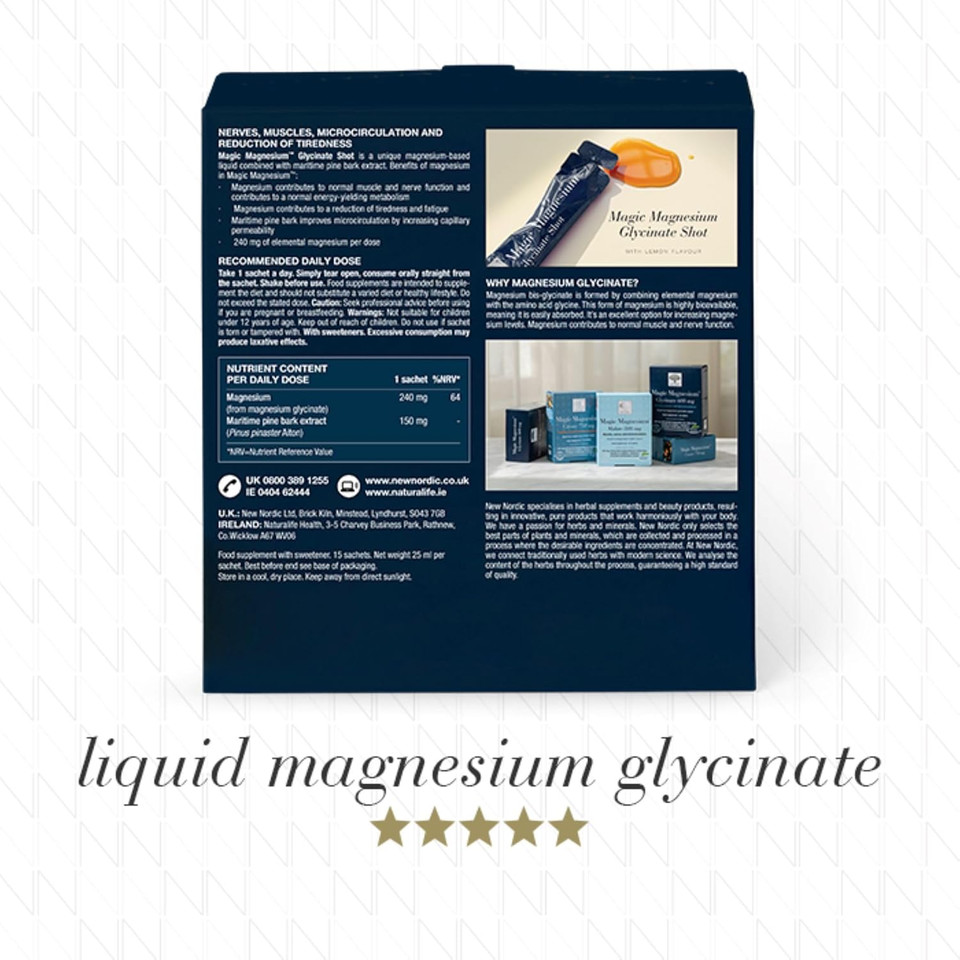 New Nordic Magic Magnesium Glycinate Shot, 2-Week Supply, Fast-Acting Liquid Magnesium, Lemon Flavour, 15 Sachets (Pack of 1)