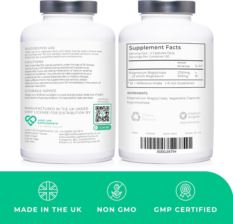 Magnesium Glycinate (Bisglycinate), 2 Month Supply - 240 Capsules, 2750mg (303mg Magnesium), Chelated Magnesium Supplements, Highly Bioavailable, Made in UK - GMP Certified - Love Life Supplements