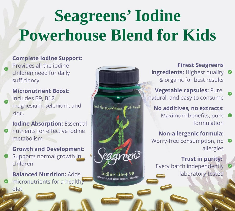 Seagreens Iodine Lite+ Supplements, 3 Month Supply, 150mcg Natural Iodine from Seaweed, Vegan Supplement for Kids & Adults, Radiation Support, Thyroid Health, 90 Capsules