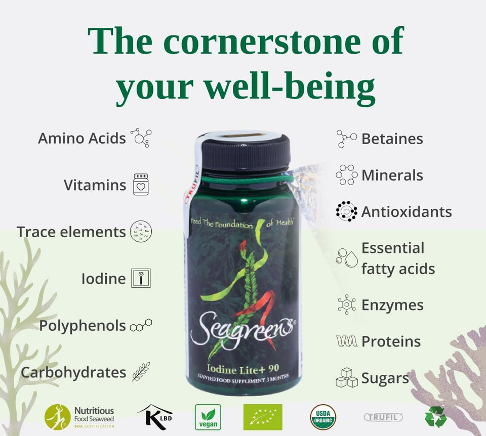 Seagreens Iodine Lite+ Supplements, 3 Month Supply, 150mcg Natural Iodine from Seaweed, Vegan Supplement for Kids & Adults, Radiation Support, Thyroid Health, 90 Capsules