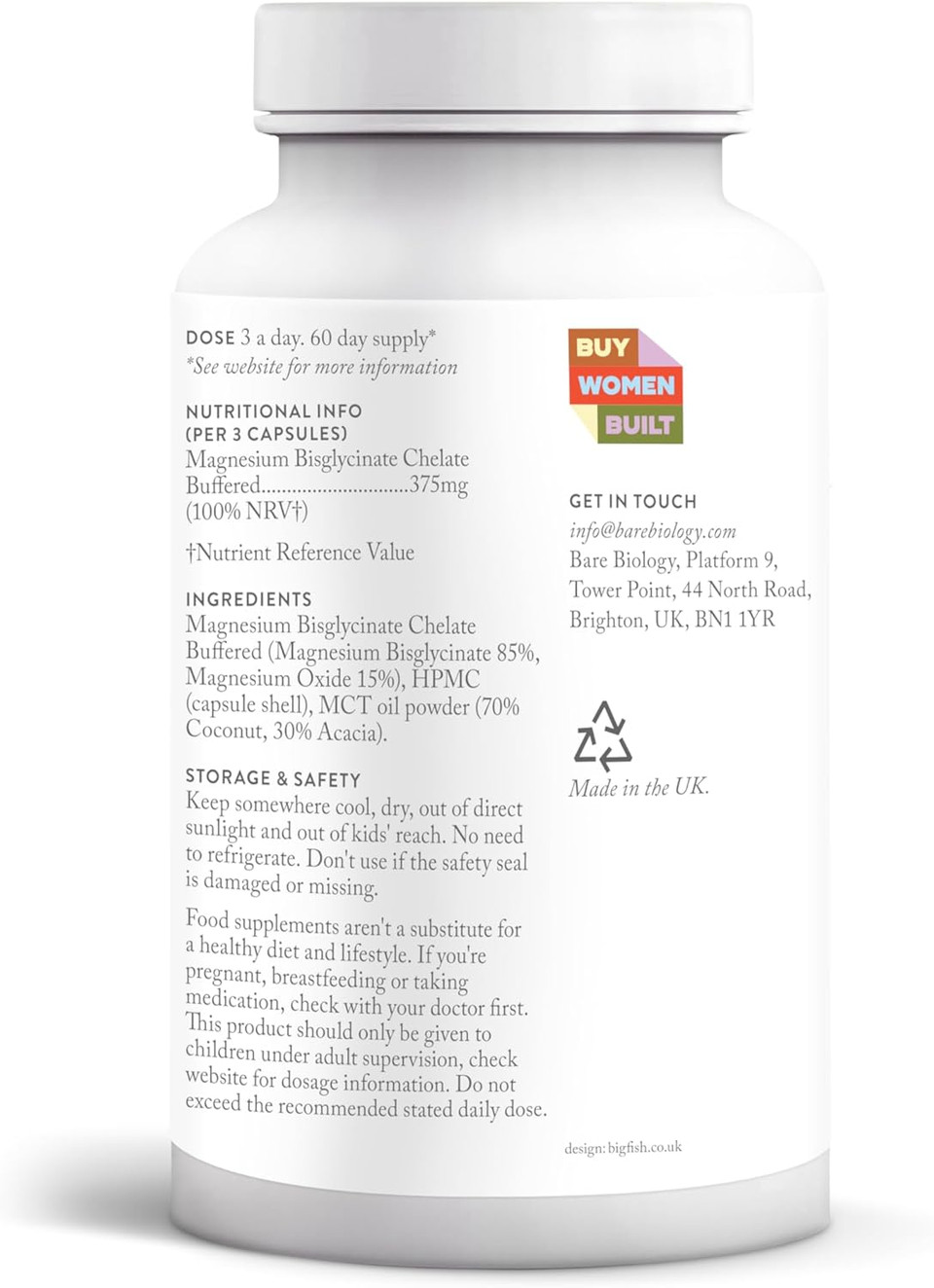 Bare Biology Ready & Rested Magnesium Glycinate Capsules - 180 Tablets, 60 Day Supply - Magnesium Supplements to Support Nervous System, Energy Regulation & Muscle Recovery