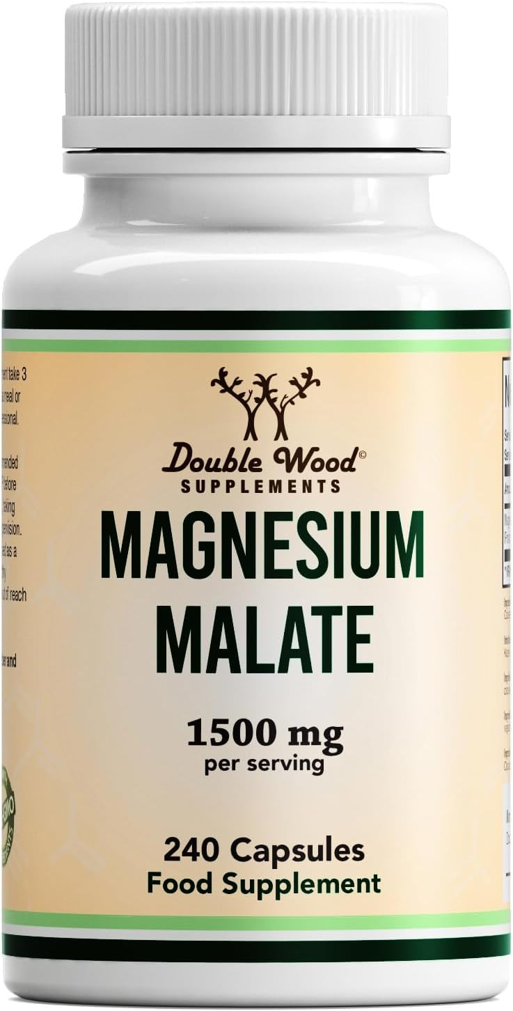 Double Wood Magnesium Malate Capsules | 240 High Strength Magnesium Malate Supplements | 80 Servings - 1500mg Malate per Serving | Supports Energy Levels, Muscle Pain and Recovery | UK Manufactured