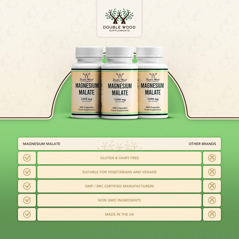 Double Wood Magnesium Malate Capsules | 240 High Strength Magnesium Malate Supplements | 80 Servings - 1500mg Malate per Serving | Supports Energy Levels, Muscle Pain and Recovery | UK Manufactured