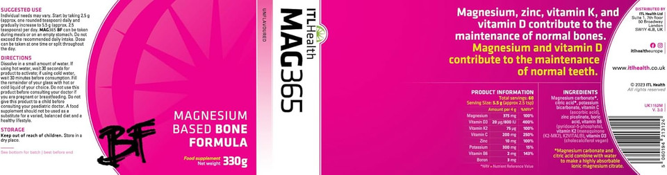 MAG365 BF | ITL Health | Ionic Magnesium Citrate with D3, K2, C, B6, Boron, Zinc & Potassium | Supports Bone & Heart Health, Immunity, Hormone Balance & Stress Relief | Unflavoured, Natural (330g)