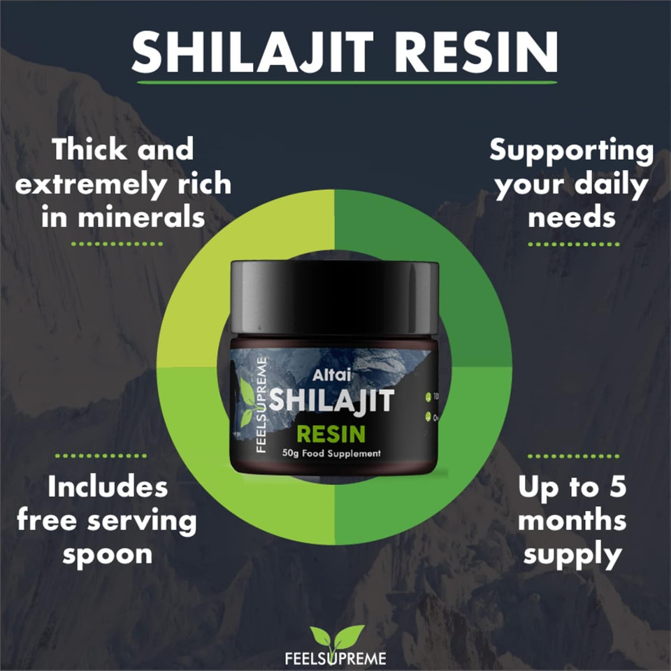 Feel Supreme - Natural Black Altai Shilajit Resin - 100% Pure Shilajit, Additive Free, 80 Trace Minerals Including Magnesium, Fulvic Acid, and Zinc Ethically Sourced, Shilajit for Men and Women - 50g