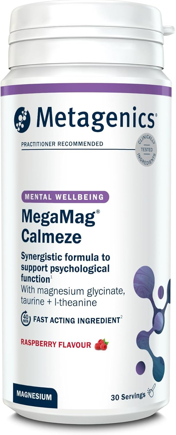 Metagenics MegaMag Calmeze Magnesium Powder - High Potency Magnesium Glycinate for The Reduction of Fatigue & Tiredness - Raspberry, 30 Servings