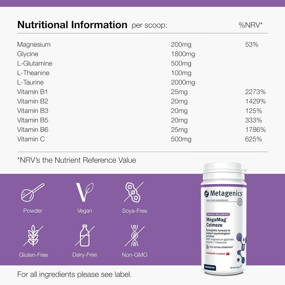 Metagenics MegaMag Calmeze Magnesium Powder - High Potency Magnesium Glycinate for The Reduction of Fatigue & Tiredness - Raspberry, 30 Servings