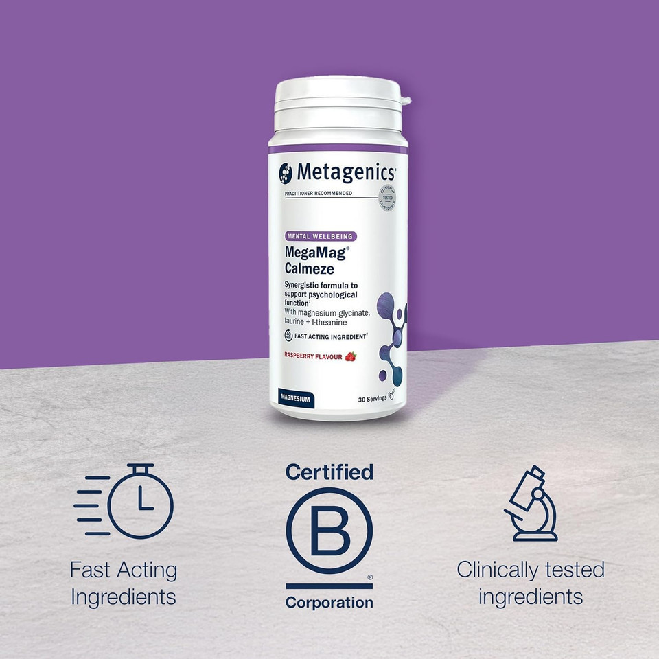 Metagenics MegaMag Calmeze Magnesium Powder - High Potency Magnesium Glycinate for The Reduction of Fatigue & Tiredness - Raspberry, 30 Servings