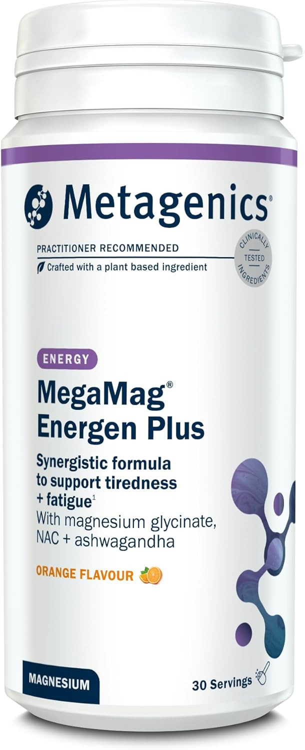 Metagenics MegaMag Energen Plus Magnesium Glycinate Powder - for The Reduction of Tiredness & Fatigue - Raspberry - 30 Servings