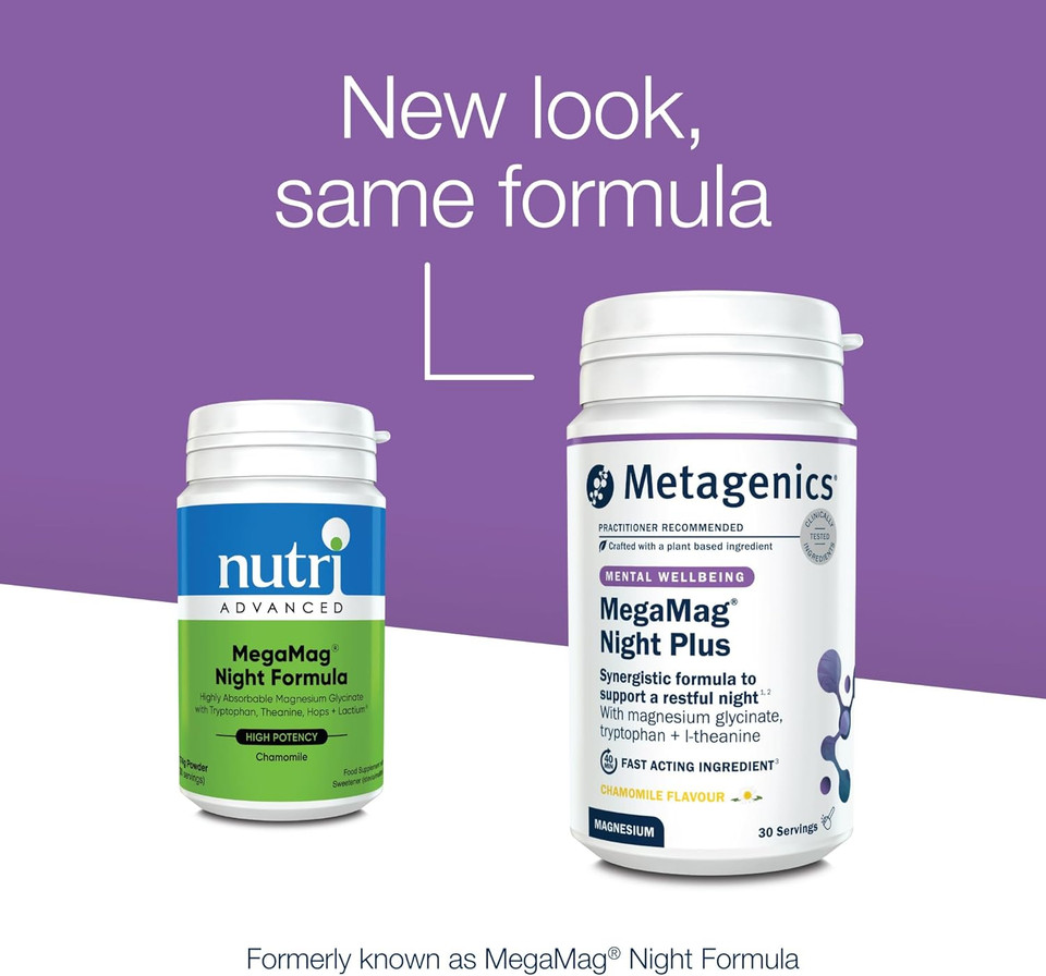 Metagenics MegaMag Night Plus - Magnesium Powder - For Sleep Support - With Folic Acid, Vitamin B12 and Chamomile Flavour - 30 Servings