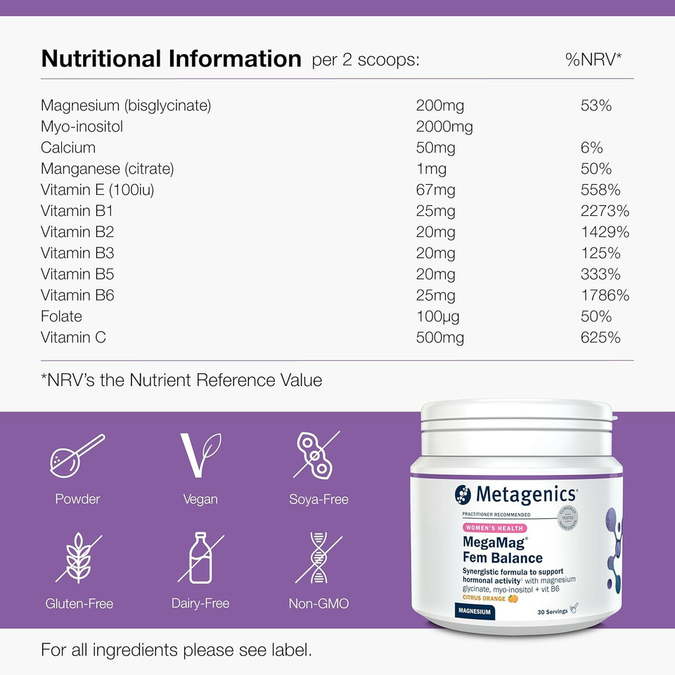 Metagenics MegaMag Fem Balance Magnesium Glycinate Powder - with Vitamin B6, Calcium and Vitamin C - Female Health & Hormone Regulation - Citrus Orange, 30 Servings