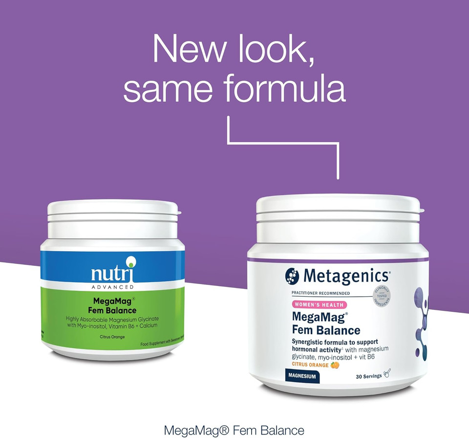 Metagenics MegaMag Fem Balance Magnesium Glycinate Powder - with Vitamin B6, Calcium and Vitamin C - Female Health & Hormone Regulation - Citrus Orange, 30 Servings