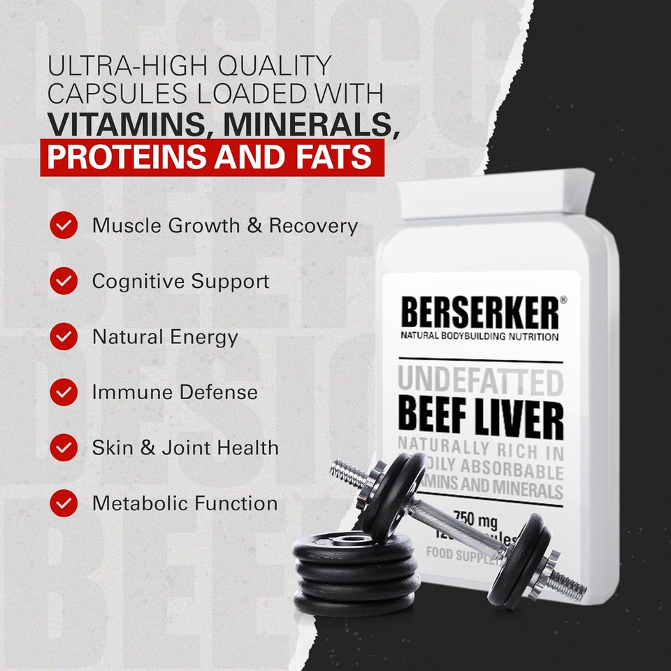 Berserker Desiccated Beef Liver Supplement 750mg per Capsule 120 Capsules, Un-defatted to Provide Full Absorption of Naturally Occurring Vitamins and Minerals Found in Beef Liver | Made in The UK Berserker Desiccated Beef Liver Supplement 750mg per Capsule 120 Capsules, Un-defatted to Provide Full Absorption of Naturally Occurring Vitamins and Minerals Found in Beef Liver | Made in The UK
