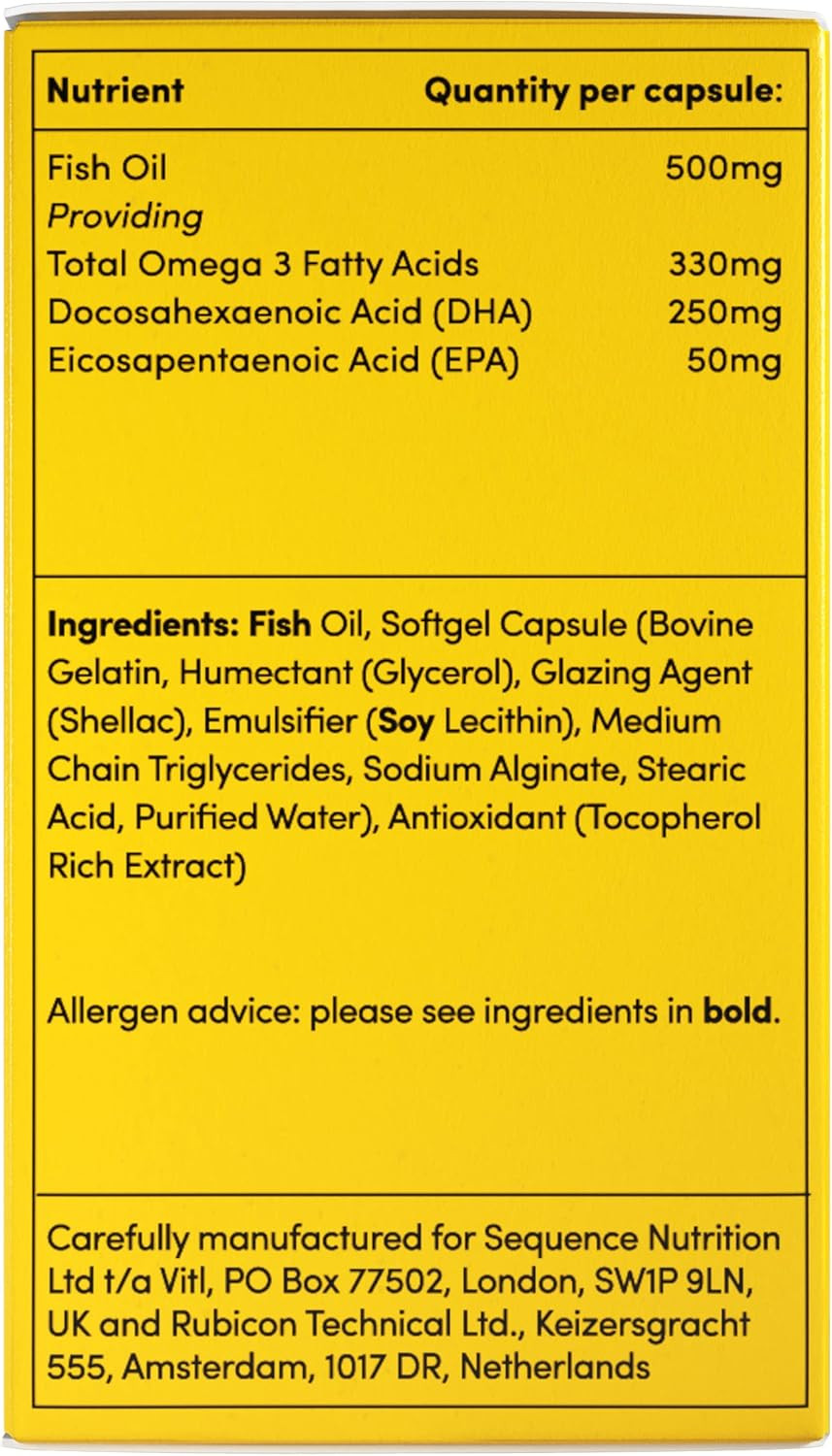 Vitl Omega 3 Fish Oil Supplement - 30 Easy to Swallow Softgel Capsules - Support Brain & Heart Health - 500mg Fish Oil, 250mg DHA & 50mg EPA
