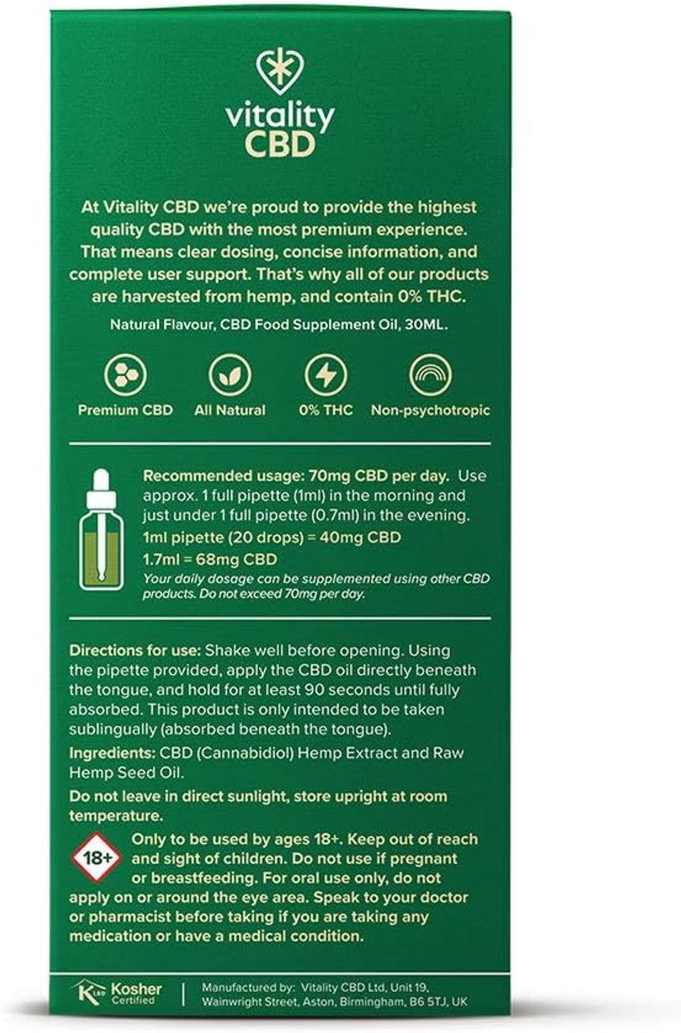 Vitality CBD Oral Drops in hempseed Oil, 600 mg, Natural, 30ml, NO THC