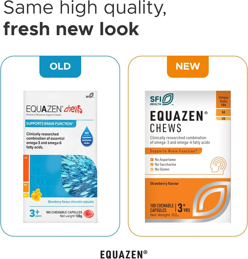 EQUAZEN Chews | Omega 3 & 6 Supplement | Blend of DHA, EPA & GLA | Supports Brain Function | Suitable for Children from 3+ to Adults | 60 Strawberry Flavoured Chews