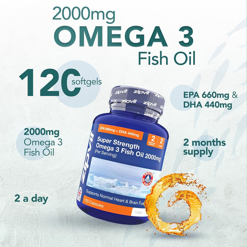 Zipvit Omega 3 Fish Oil 2000mg per Serving Including EPA 660mg DHA 440mg, 120 Softgel Capsules in Pouch, 2 Months Supply, High Strength, Supports Heart and Brain Function