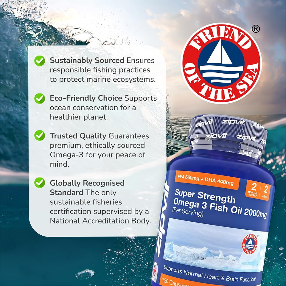 Zipvit Omega 3 Fish Oil 2000mg per Serving Including EPA 660mg DHA 440mg, 120 Softgel Capsules in Pouch, 2 Months Supply, High Strength, Supports Heart and Brain Function