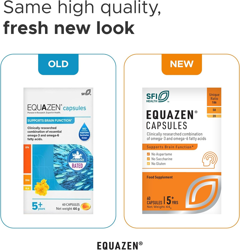 EQUAZEN Capsules | Omega 3 & 6 Fish Oil Supplement | Supports Brain Function | Blend of DHA, EPA & GLA | Suitable for Children 5+ to Adults | 60 Capsules