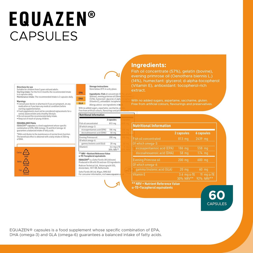 EQUAZEN Capsules | Omega 3 & 6 Fish Oil Supplement | Supports Brain Function | Blend of DHA, EPA & GLA | Suitable for Children 5+ to Adults | 60 Capsules