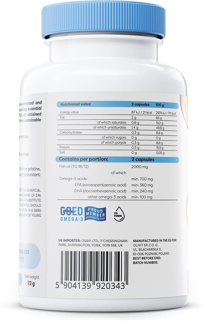 Osavi Omega3 Fish Oil Molecularly Distilled 1000 mg  60 Softgels | Lemon Flavor | EPA & DHA for Heart Health, Brain Function, and Vision I Molecular Distillation for Maximum Purity