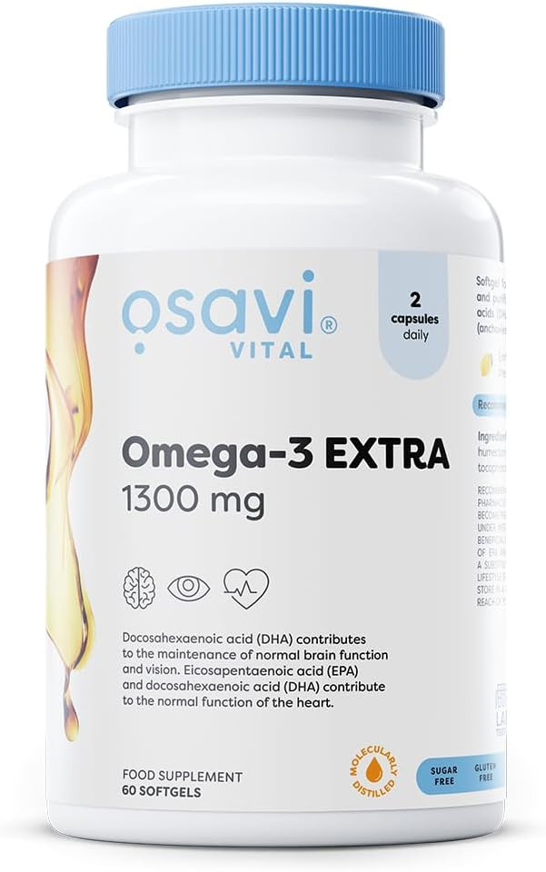 Osavi Omega3 Extra Molecularly Distilled 1300 mg  60 Softgels | Lemon Flavor | EPA & DHA for Heart Health, Brain Function, and Vision I Molecular Distillation for Maximum Purity