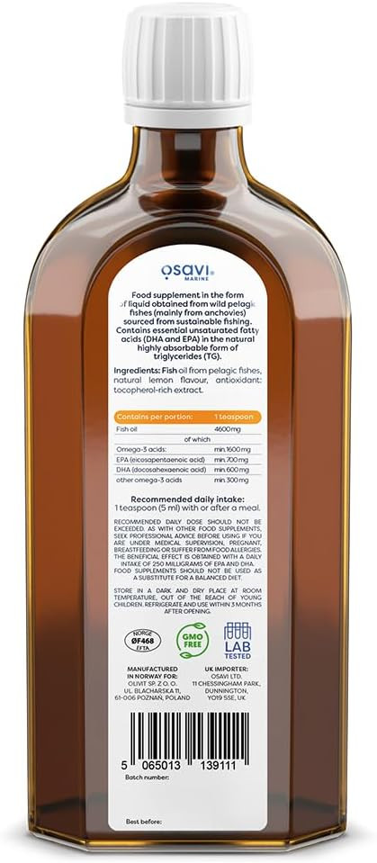 Osavi Daily Omega 1600 mg  250 ml Oil | Omega3 | Natural Lemon Flavor | Sustainable Wild Cod Oil from Norway with DHA & EPA for Brain, Heart & Vision Support | Highly Absorbable, Clean Label
