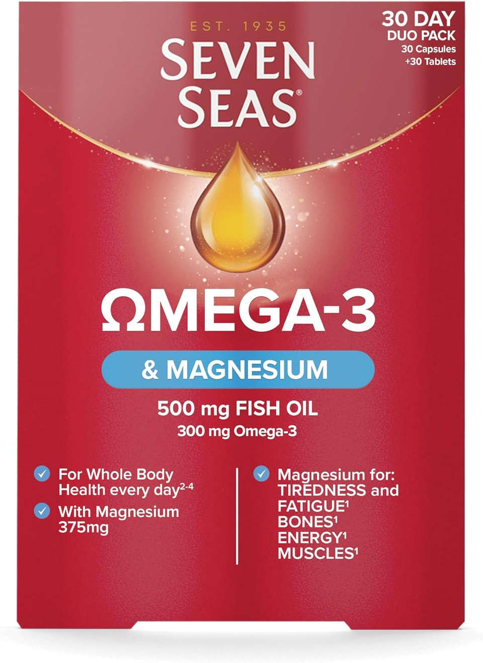 Seven Seas Omega-3 Fish Oil & Magnesium, 500 mg Fish Oil + 300 mg Omega-3, 60 High Strength Tablets With Vitamin D & 375 mg Magnesium, EPA & DHA, Whole Body Health+, Duo Pack: 30 Capsules + 30 Tablets