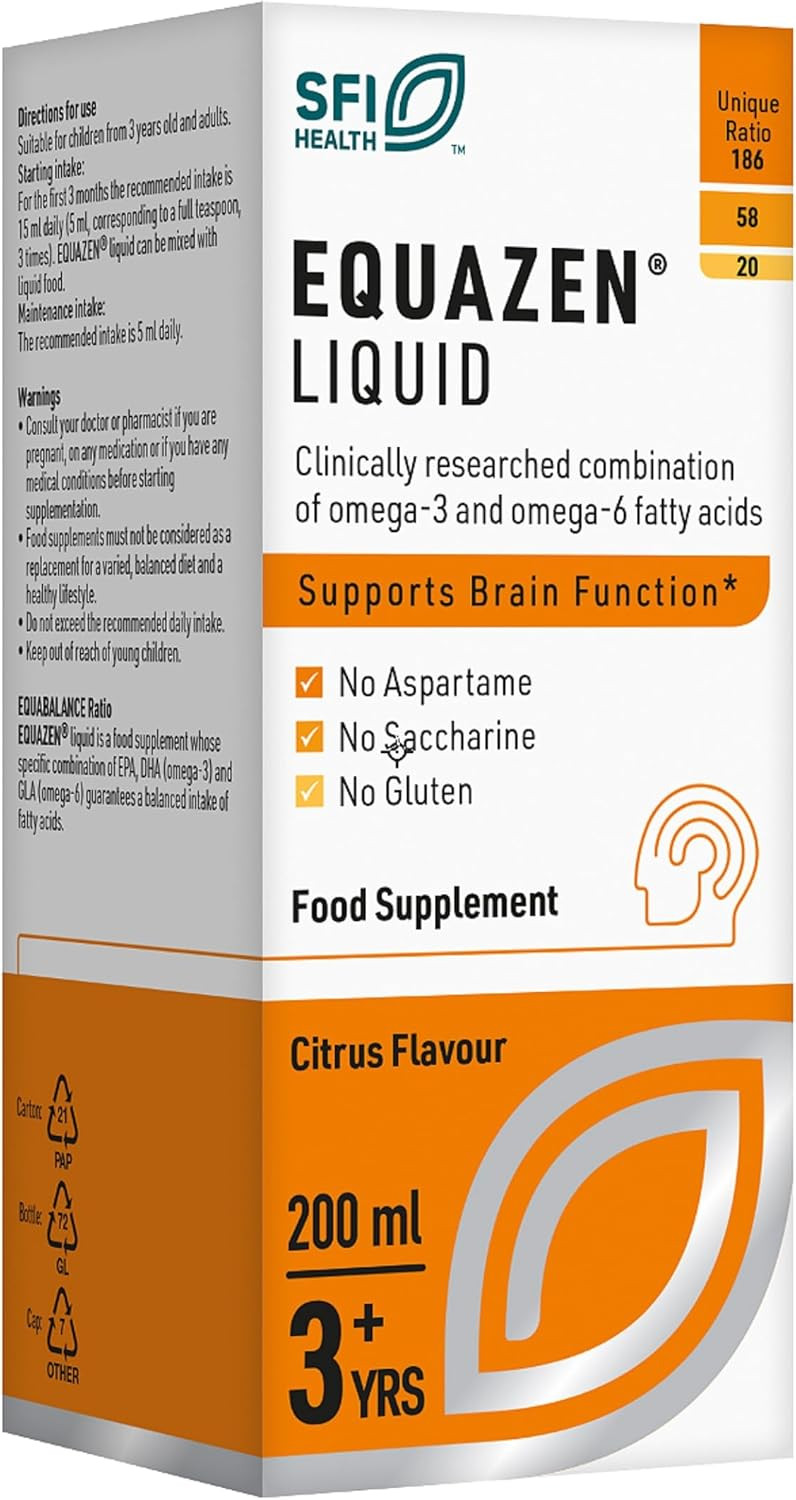 EQUAZEN Childrens Liquid | Omega 3 & 6 Supplement | Supports Brain Function | Blend of DHA, EPA & GLA | Suitable from 3+ to Adults | 200 ml Citrus Flavoured Liquid