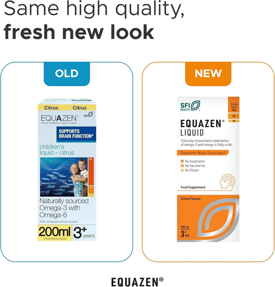 EQUAZEN Childrens Liquid | Omega 3 & 6 Supplement | Supports Brain Function | Blend of DHA, EPA & GLA | Suitable from 3+ to Adults | 200 ml Citrus Flavoured Liquid