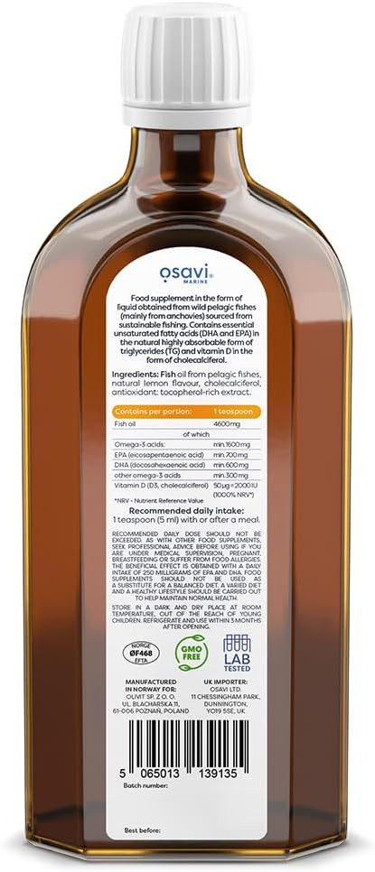 Osavi Daily Omega + D3  250 ml | 1600 mg Omega3 per Serving | Supports Heart Health, Brain Function, Vision, and Immune System | Includes 2000 IU Vitamin D | Natural Lemon Flavour | Made in Norway