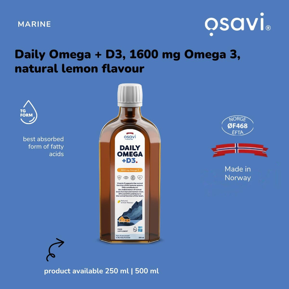 Osavi Daily Omega + D3  250 ml | 1600 mg Omega3 per Serving | Supports Heart Health, Brain Function, Vision, and Immune System | Includes 2000 IU Vitamin D | Natural Lemon Flavour | Made in Norway