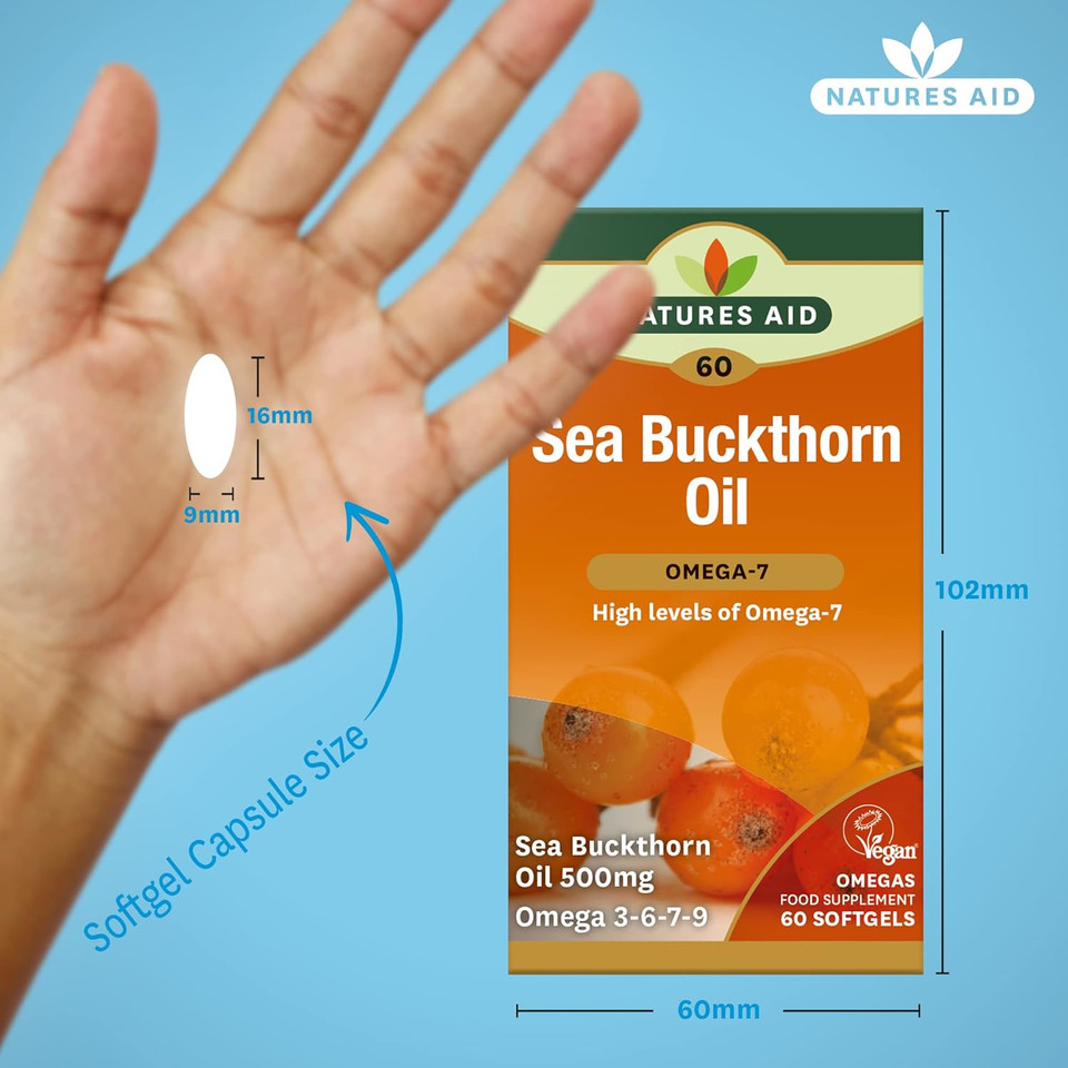 Natures Aid Sea Buckthorn Oil 500mg  Omega-7 High Strength  Supports Skin, Immune & Heart Health  Antioxidant Vegan Supplement  Non-GMO, Gluten-Free  60 Softgels
