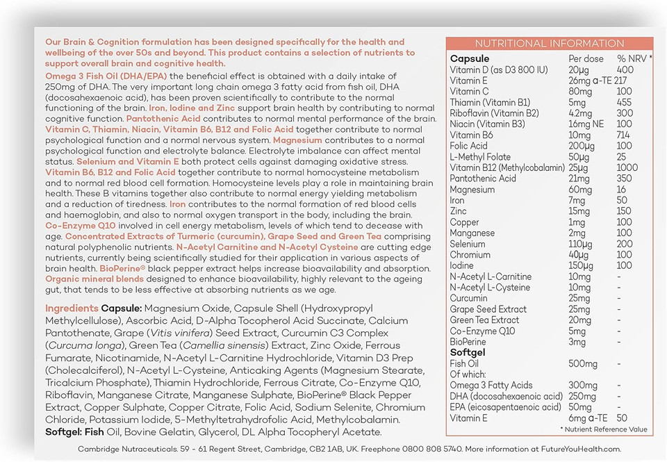 Prime Fifty Brain & Cognition Supplements  28 Day Supply  Brain Energy & Focus Supplement with Omega 3 Fatty Acids & Vitamin B12  Omega 3 Capsules