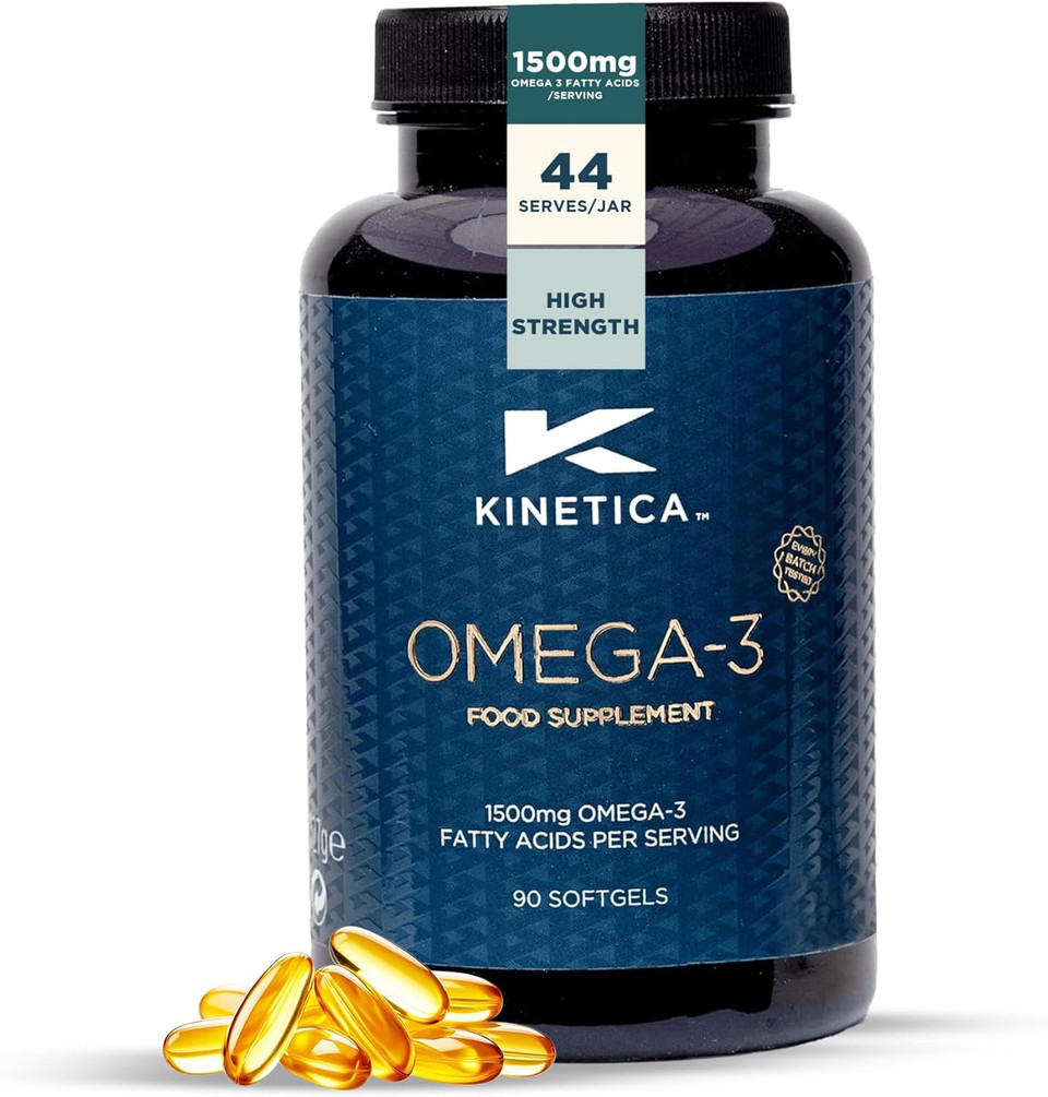 Kinetica Sports Omega-3 Fish Oil | 1500mg Omega-3 Fatty Acids, 1000mg EPA & 500mg DHA/Serve, 45 Servings/90 Capsule Pack | 2 Capsules/Day | Reduces Muscle Soreness with Anti-Inflammatory Properties